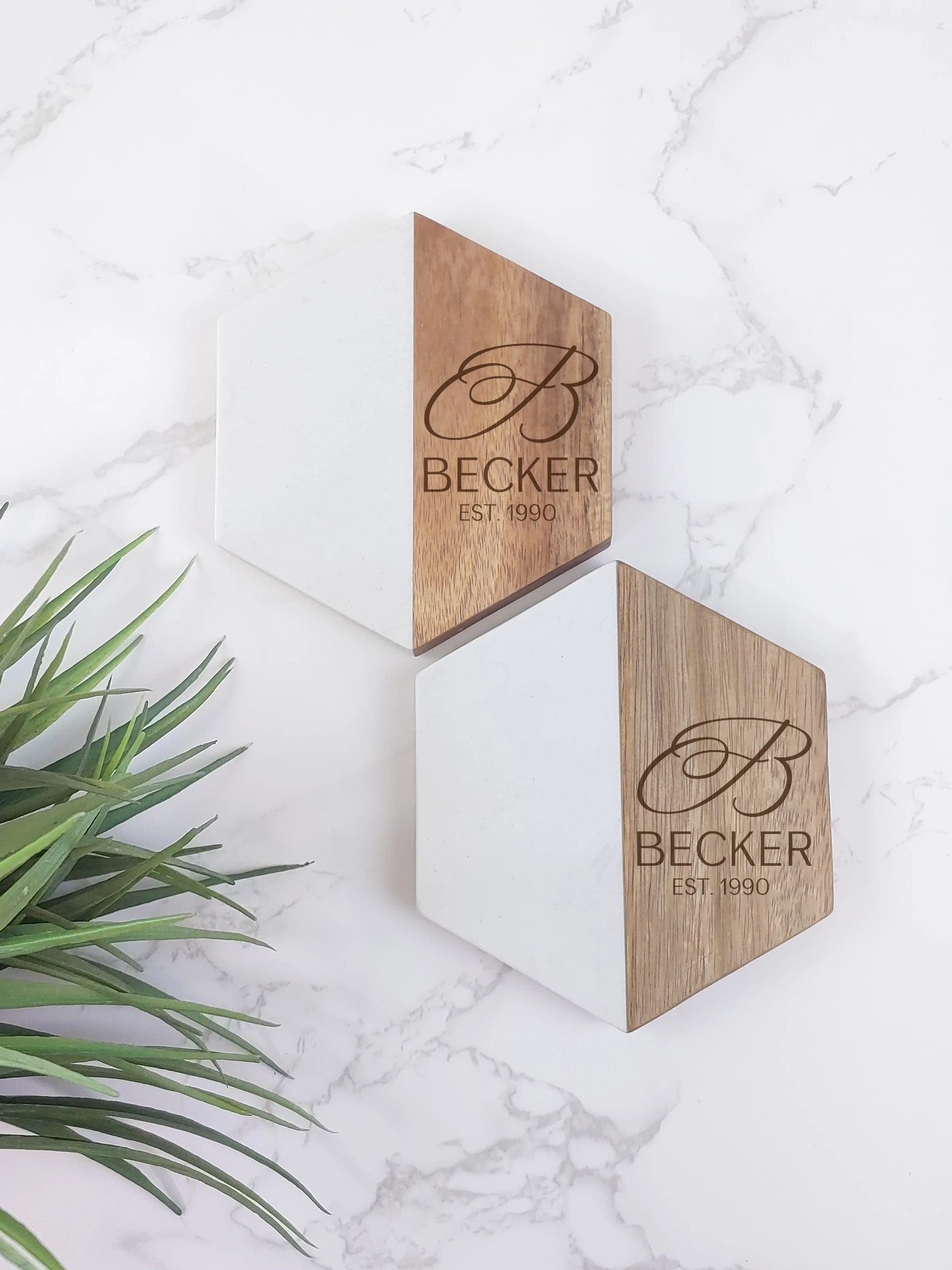 Personalized marble and acacia hexagon coaster set engraved with Becker family monogram by Cre8tive Motifs